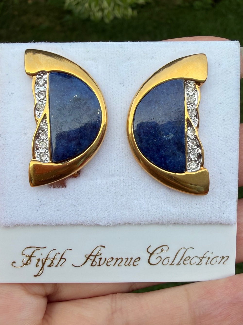 Vintage Fifth Avenue Collection Lapis Blue Rhinestone Clip On Earrings On Card
